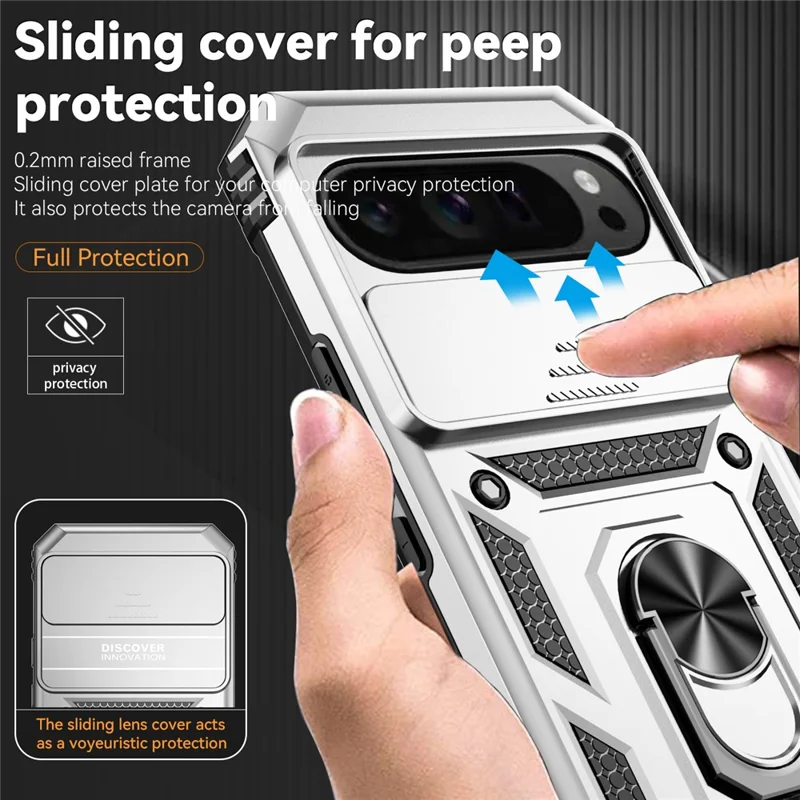 For Google Pixel 10 Pro XL / Pixel 9 Pro XL Case Rugged PC+TPU Phone Protector with Slide Camera Cover / Kickstand - Silver