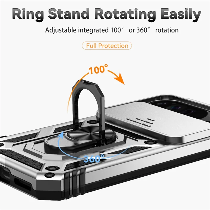 For Google Pixel 10 Pro XL / Pixel 9 Pro XL Case Rugged PC+TPU Phone Protector with Slide Camera Cover / Kickstand - Silver
