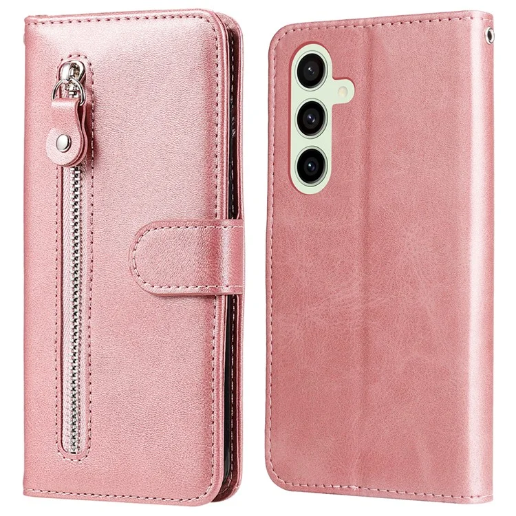 For Samsung Galaxy S24 FE Case PU Leather Stand Phone Cover with Zipper Pocket - Pink
