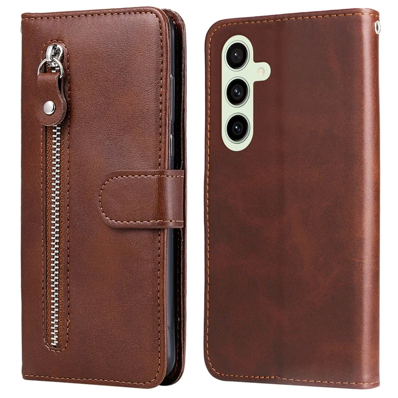 For Samsung Galaxy S24 FE Case PU Leather Stand Phone Cover with Zipper Pocket - Brown