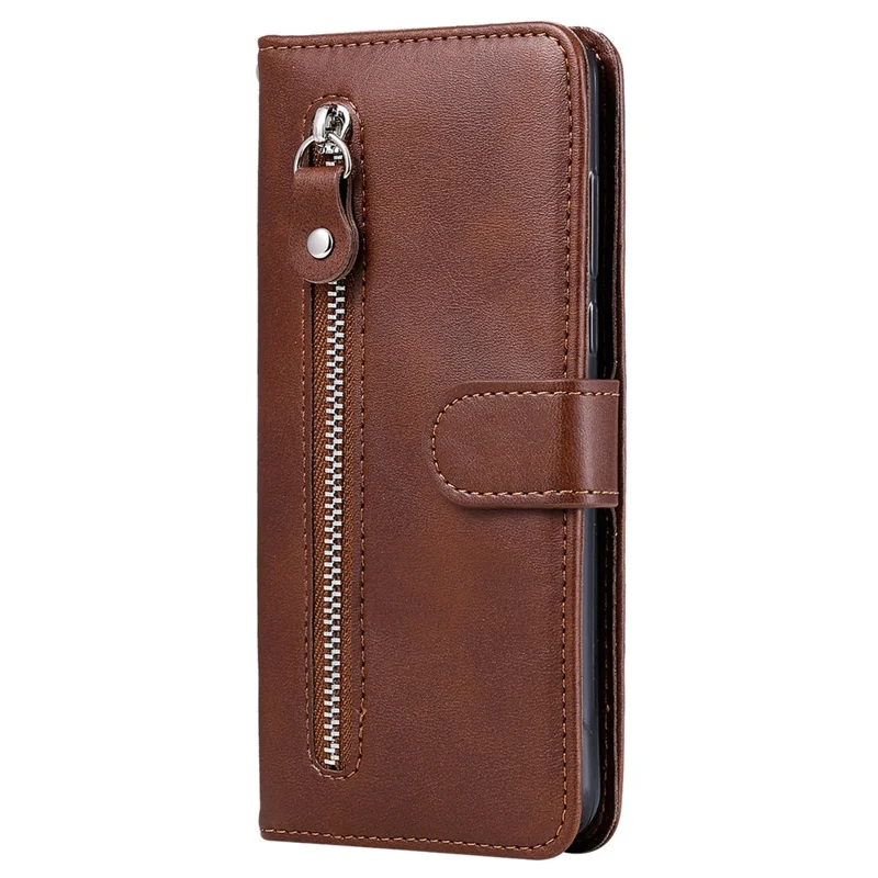 For Samsung Galaxy S24 FE Case PU Leather Stand Phone Cover with Zipper Pocket - Brown