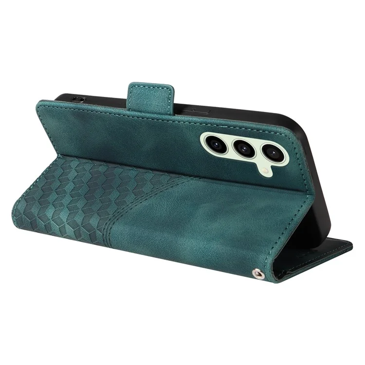 For Samsung Galaxy S24 FE Leather Cases Wallet Rhombus Imprinted Phone Cover Stand with Strap - Green