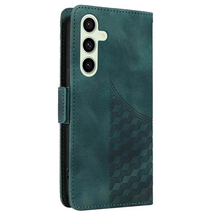 For Samsung Galaxy S24 FE Leather Cases Wallet Rhombus Imprinted Phone Cover Stand with Strap - Green