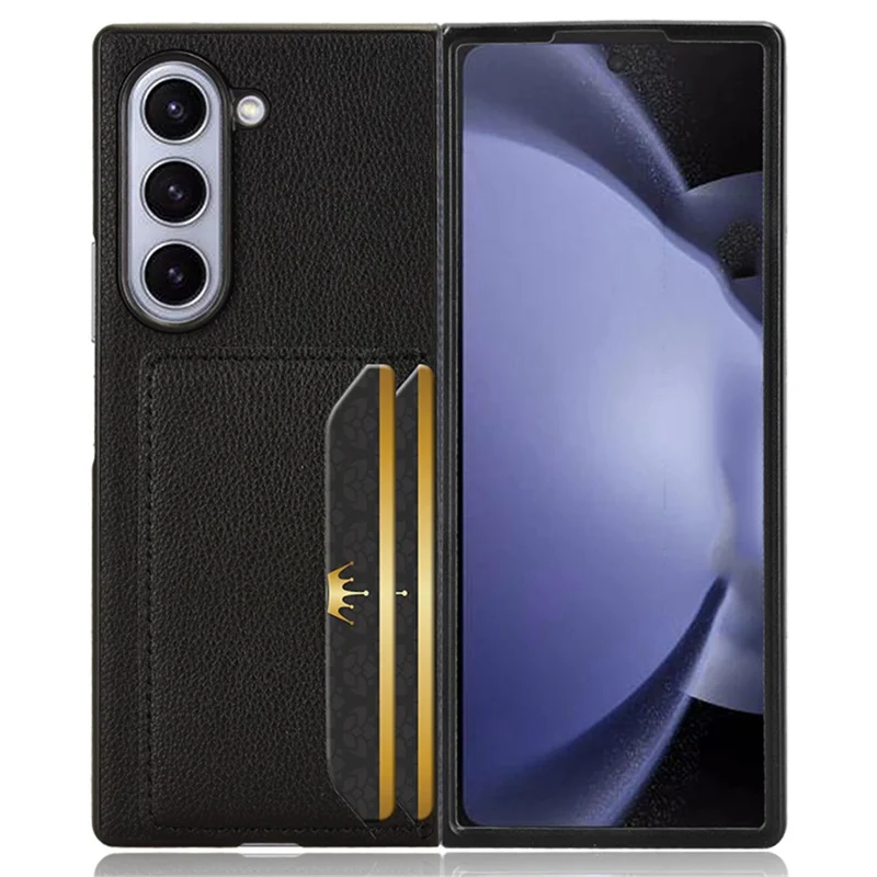 For Samsung Galaxy Z Fold6 5G Case Card Holder Litchi Texture Leather+PC Folding Phone Cover - Black