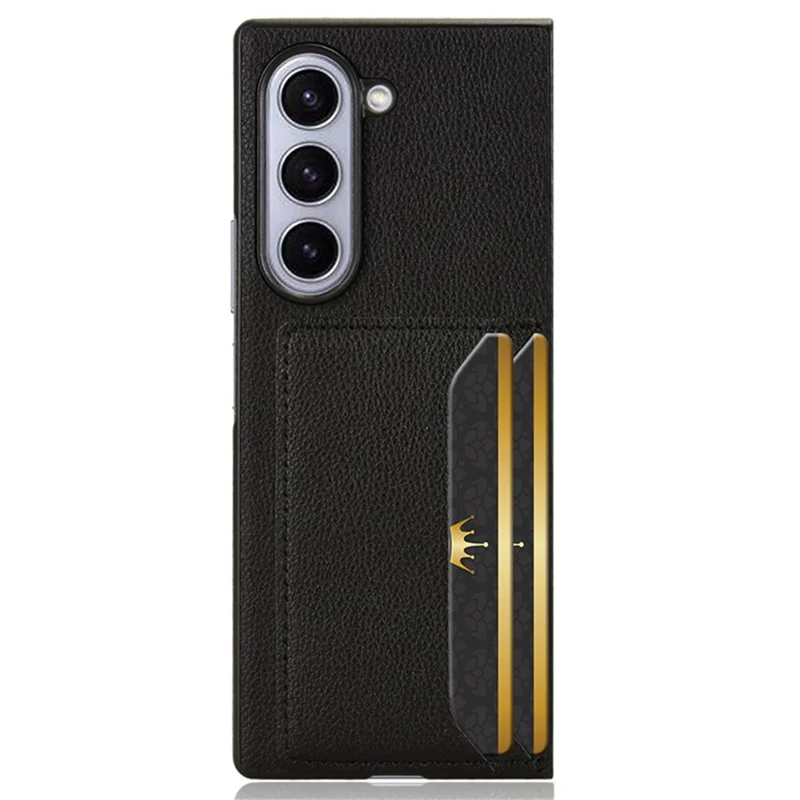 For Samsung Galaxy Z Fold6 5G Case Card Holder Litchi Texture Leather+PC Folding Phone Cover - Black