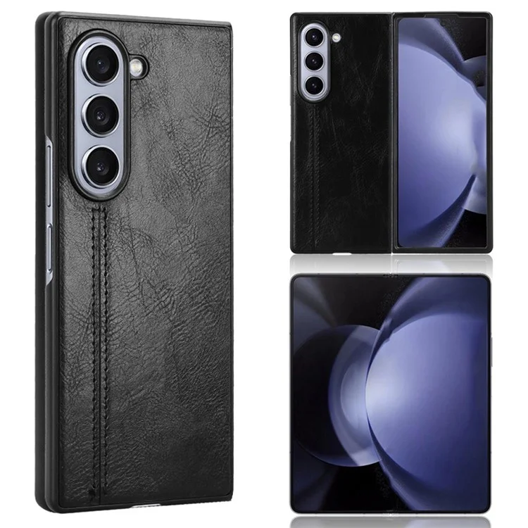 For Samsung Galaxy Z Fold6 5G Case Cowhide Texture Leather+PC Phone Cover Stitching Lines - Black