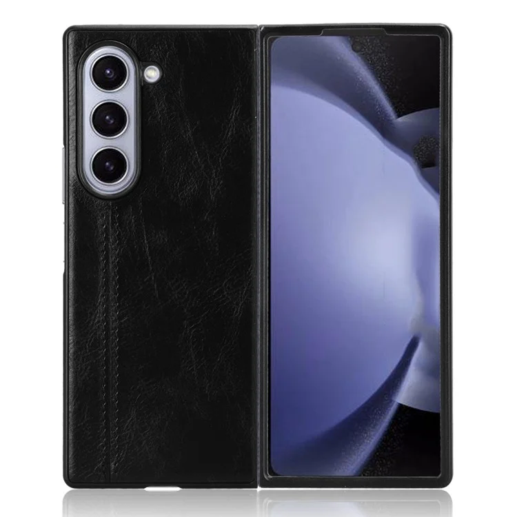 For Samsung Galaxy Z Fold6 5G Case Cowhide Texture Leather+PC Phone Cover Stitching Lines - Black