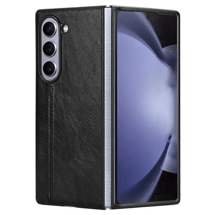 For Samsung Galaxy Z Fold6 5G Case Cowhide Texture Leather+PC Phone Cover Stitching Lines - Black
