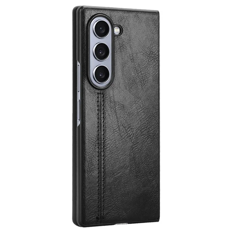 For Samsung Galaxy Z Fold6 5G Case Cowhide Texture Leather+PC Phone Cover Stitching Lines - Black