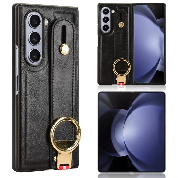 Para Samsung Galaxy Z Fold6 5G Case Leather+PC+TPU Wristband Cover with Bottle Opener Ring - Black