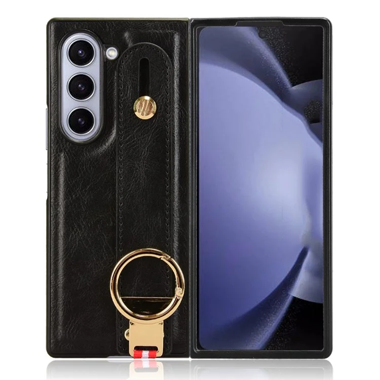 Para Samsung Galaxy Z Fold6 5G Case Leather+PC+TPU Wristband Cover with Bottle Opener Ring - Black