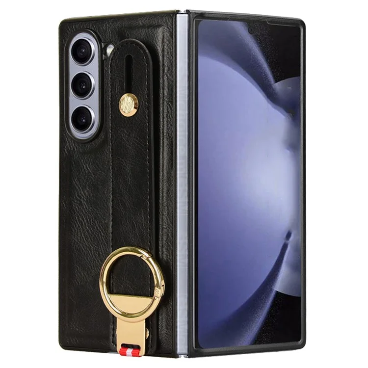 Para Samsung Galaxy Z Fold6 5G Case Leather+PC+TPU Wristband Cover with Bottle Opener Ring - Black