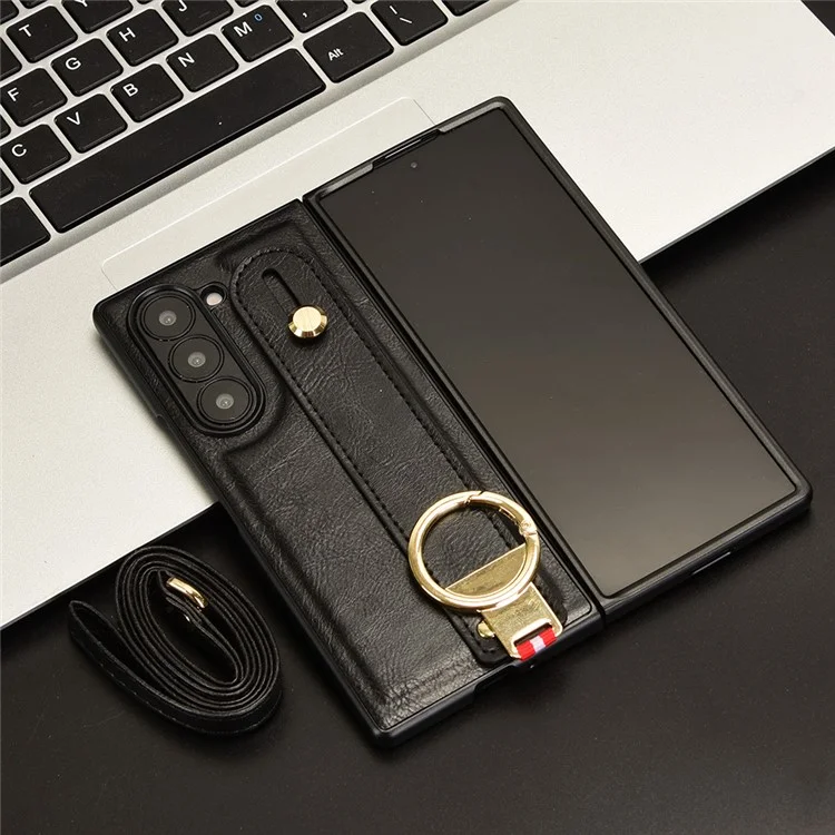 Para Samsung Galaxy Z Fold6 5G Case Leather+PC+TPU Wristband Cover with Bottle Opener Ring - Black