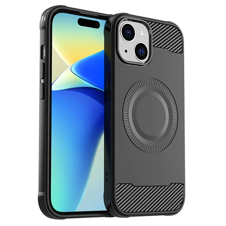 For iPhone 15 Shockproof Case Compatible with MagSafe TPU Phone Cover Carbon Fiber - Black