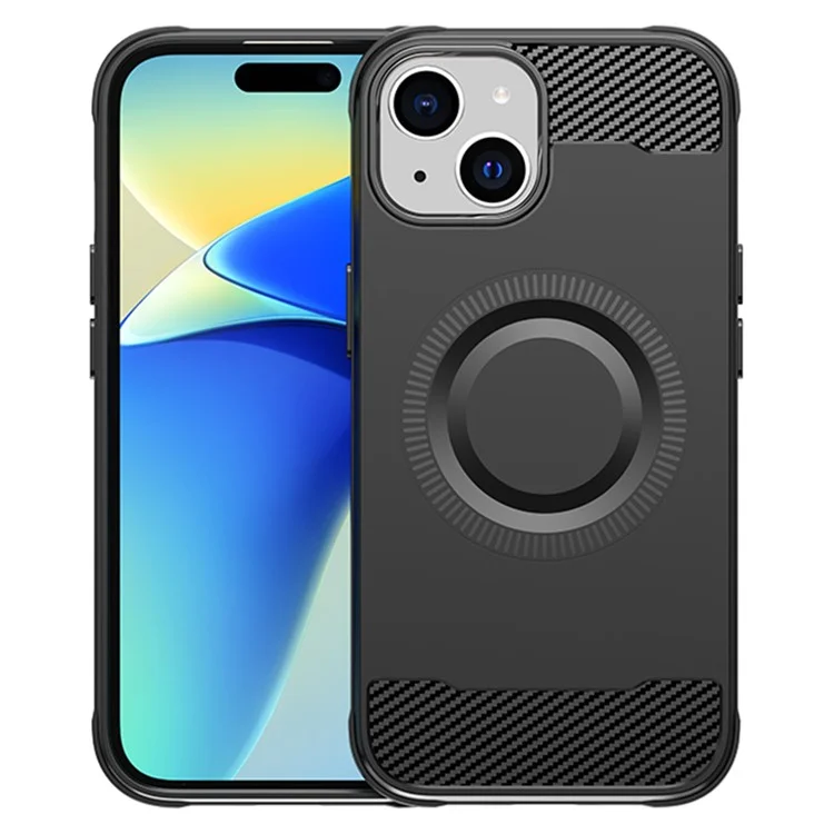 For iPhone 15 Shockproof Case Compatible with MagSafe TPU Phone Cover Carbon Fiber - Black