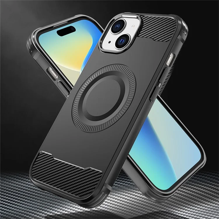 For iPhone 15 Shockproof Case Compatible with MagSafe TPU Phone Cover Carbon Fiber - Black