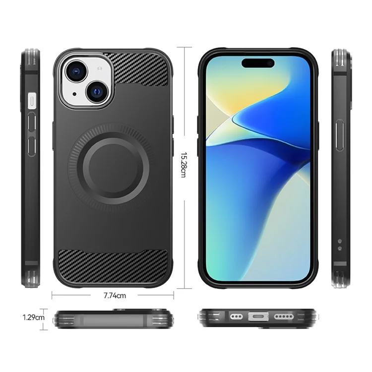 For iPhone 15 Shockproof Case Compatible with MagSafe TPU Phone Cover Carbon Fiber - Black
