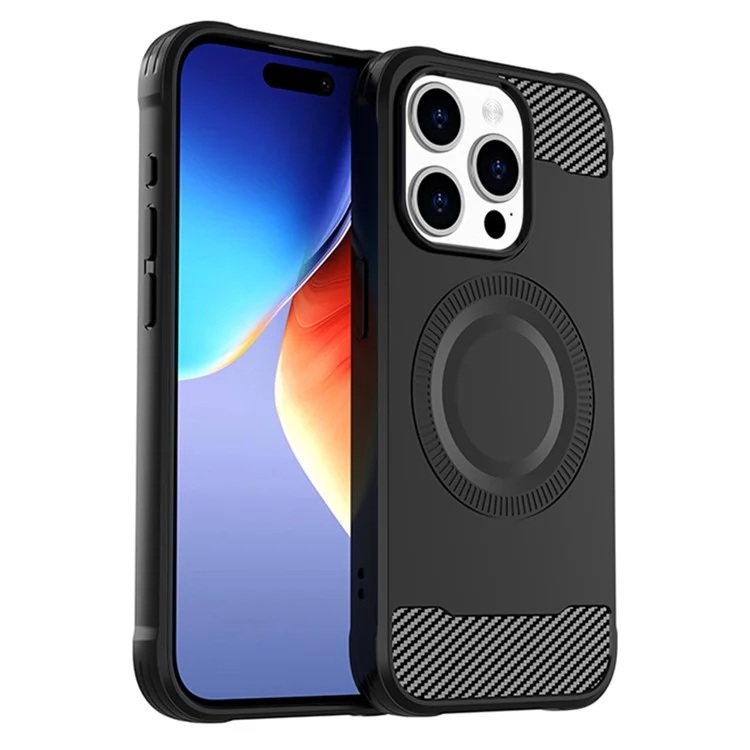 For iPhone 15 Pro Case Compatible with MagSafe Carbon Fiber TPU Phone Cover - Black