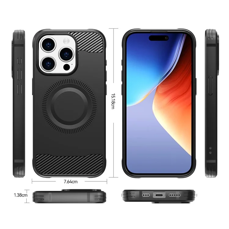 For iPhone 15 Pro Case Compatible with MagSafe Carbon Fiber TPU Phone Cover - Black