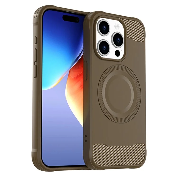 For iPhone 14 Pro Max Case Compatible with MagSafe Carbon Fiber Texture TPU Phone Cover - Brown