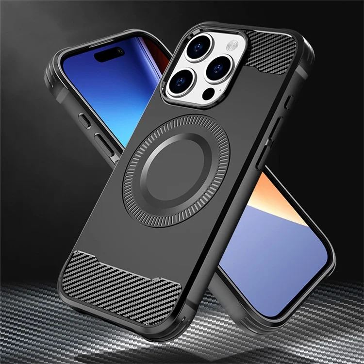 For iPhone 14 Pro Max Case Compatible with MagSafe Carbon Fiber Texture TPU Phone Cover - Brown
