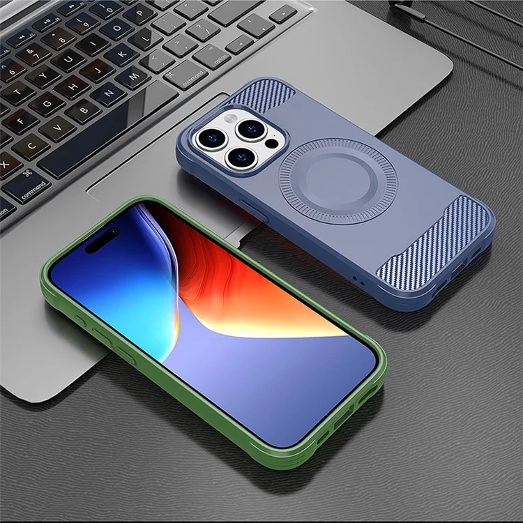 For iPhone 14 Pro Max Case Compatible with MagSafe Carbon Fiber Texture TPU Phone Cover - Brown