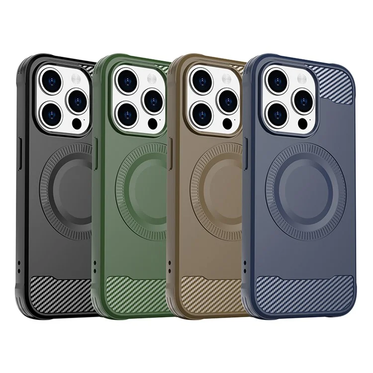 For iPhone 14 Pro Max Case Compatible with MagSafe Carbon Fiber Texture TPU Phone Cover - Brown