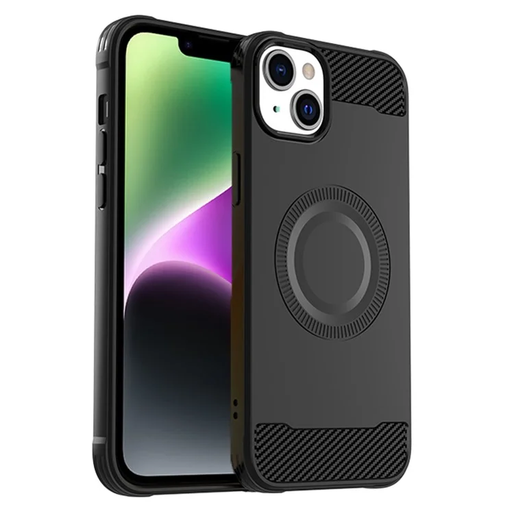 For iPhone 14 Plus Case Carbon Fiber Texture TPU Phone Cover Compatible with MagSafe - Black