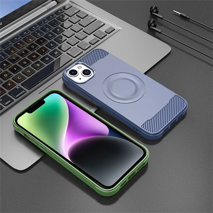 For iPhone 14 Plus Case Carbon Fiber Texture TPU Phone Cover Compatible with MagSafe - Black