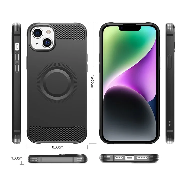 For iPhone 14 Plus Case Carbon Fiber Texture TPU Phone Cover Compatible with MagSafe - Black