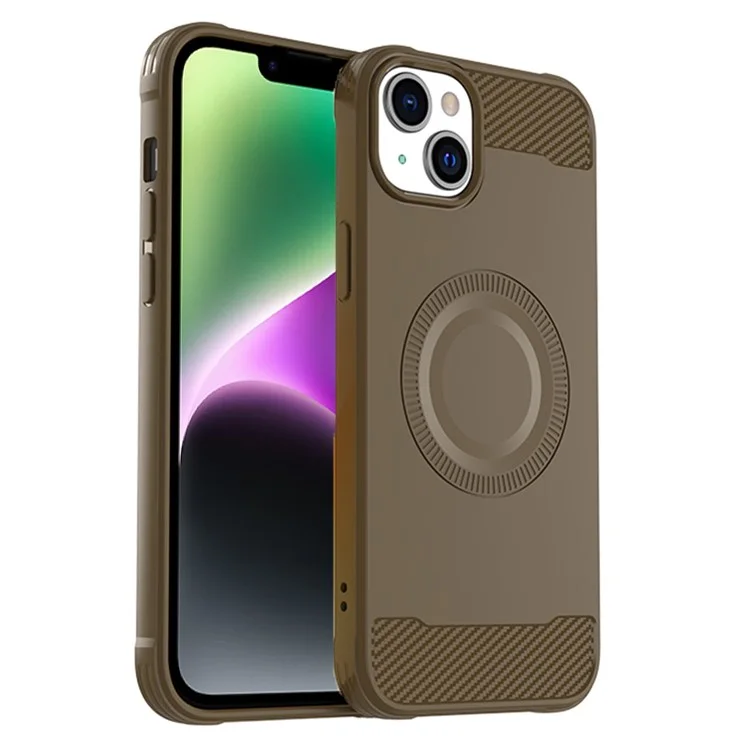 For iPhone 14 Case Compatible with MagSafe TPU Phone Cover Carbon Fiber Texture - Brown
