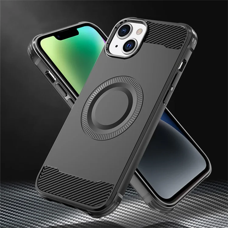 For iPhone 14 Case Compatible with MagSafe TPU Phone Cover Carbon Fiber Texture - Brown