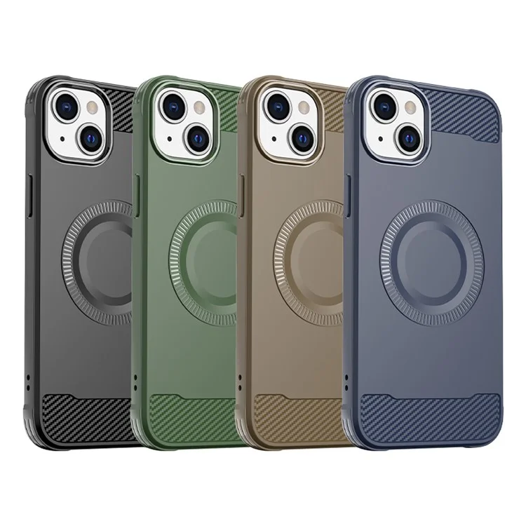 For iPhone 14 Case Compatible with MagSafe TPU Phone Cover Carbon Fiber Texture - Brown