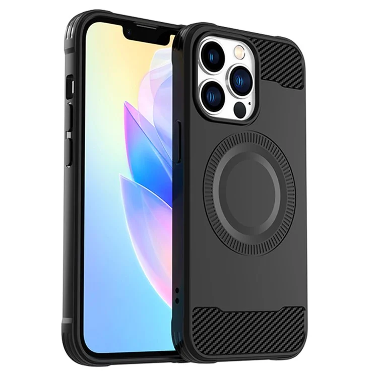 Para iPhone 13 Pro Case Carbon Fiber Texture TPU Phone Cover Compatível com MagSafe - Preto
