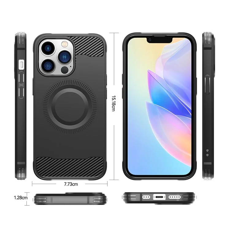 Para iPhone 13 Pro Case Carbon Fiber Texture TPU Phone Cover Compatível com MagSafe - Preto