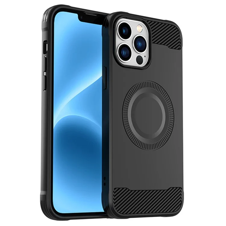 Per iPhone 12 Pro Max Custodia in fibra di carbonio Texture TPU Cover per telefono compatibile con MagSafe - Nero