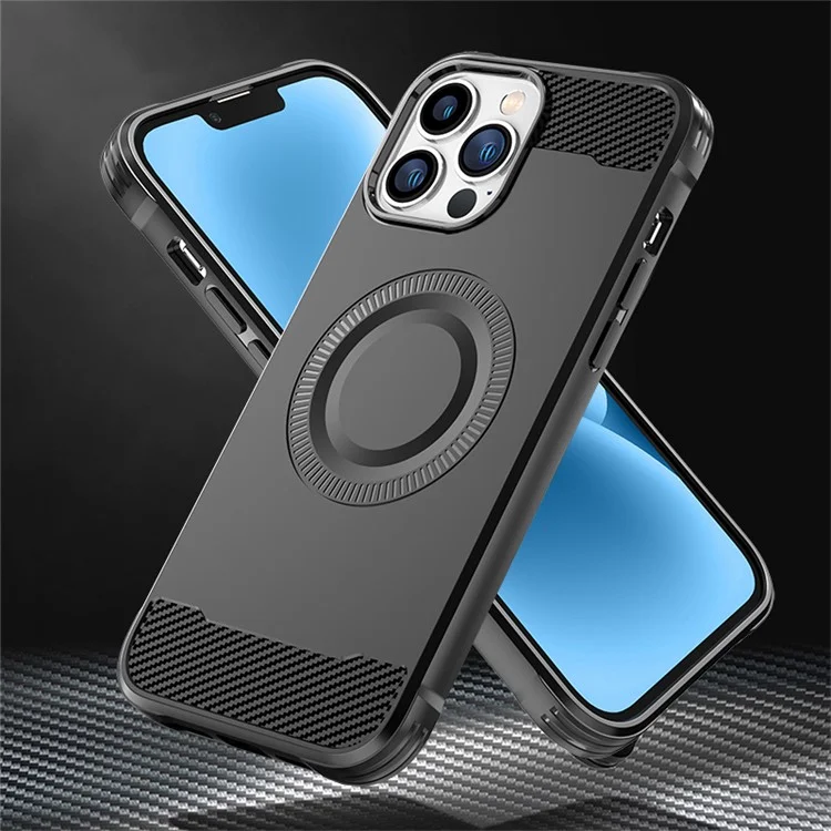 Per iPhone 12 Pro Max Custodia in fibra di carbonio Texture TPU Cover per telefono compatibile con MagSafe - Nero