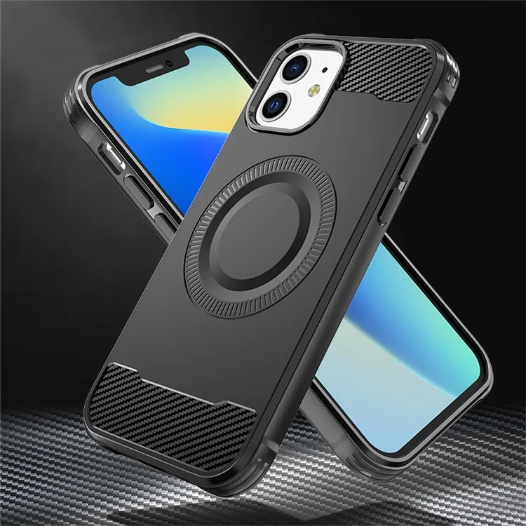 Étui TPU pour iPhone 12 Texture fibre de carbone Étui de téléphone compatible avec MagSafe - Noir