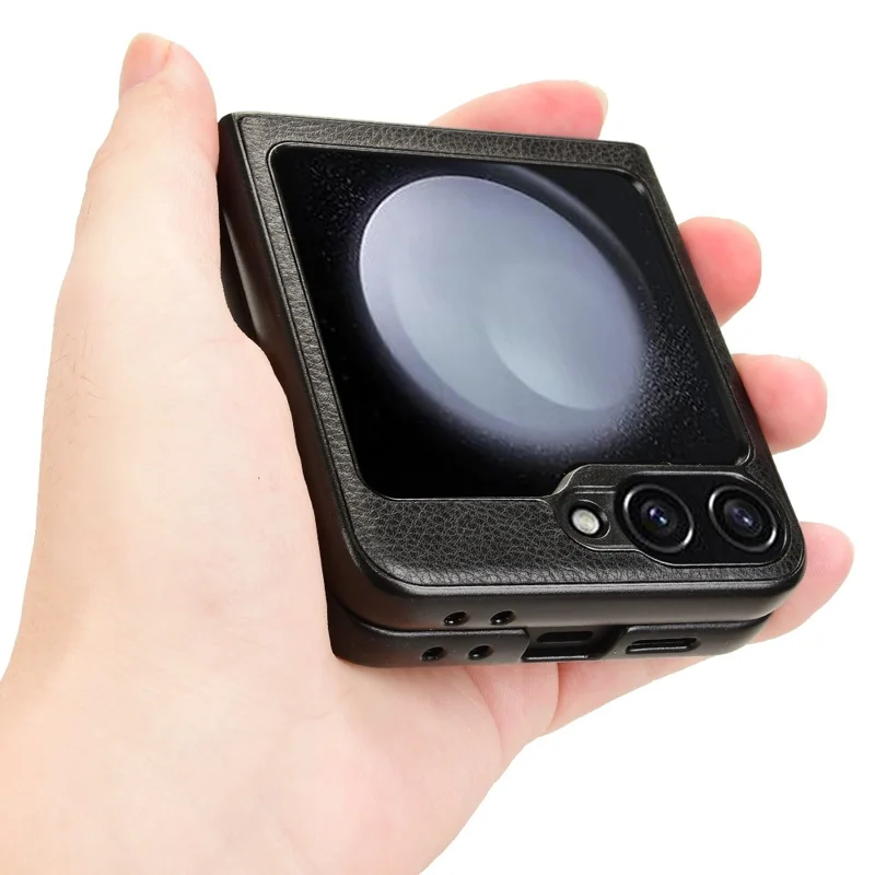 For Samsung Galaxy Z Flip7 FE 5G / Z Flip6 5G Case Litchi Texture Leather Hard PC Phone Cover - Black