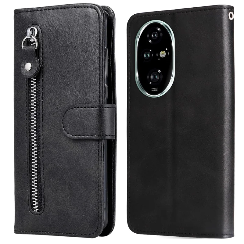 Capa de telefone de couro com bolso com zíper e textura de bezerro para Honor 200 Pro 5G - Preta