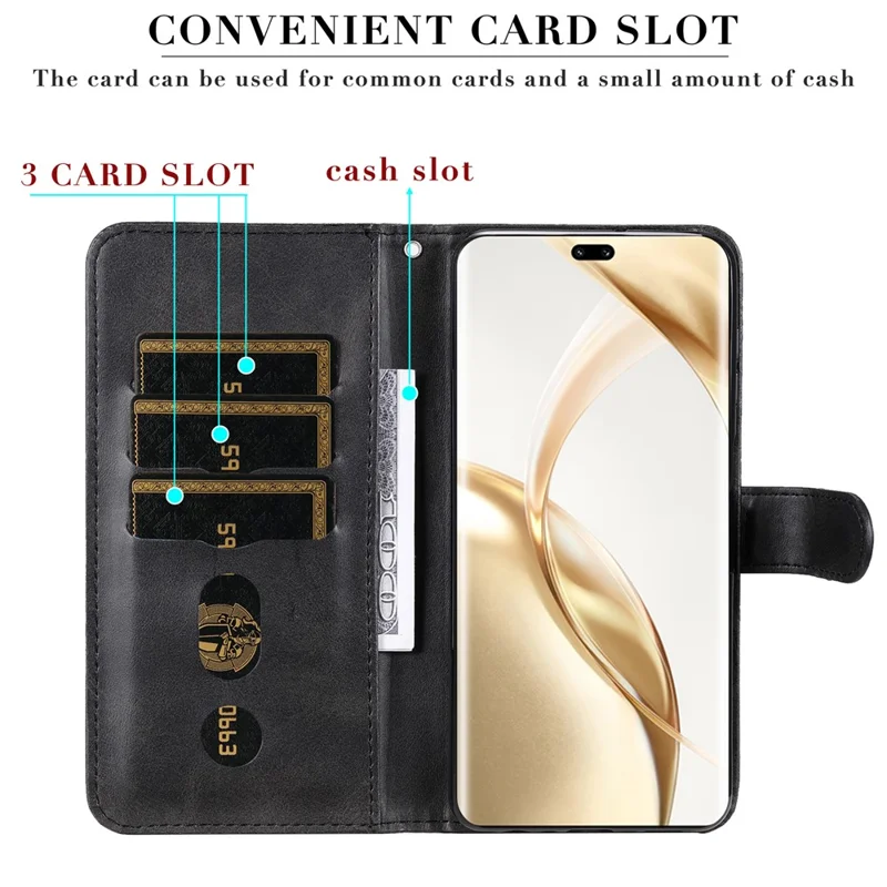 Capa de telefone de couro com bolso com zíper e textura de bezerro para Honor 200 Pro 5G - Preta