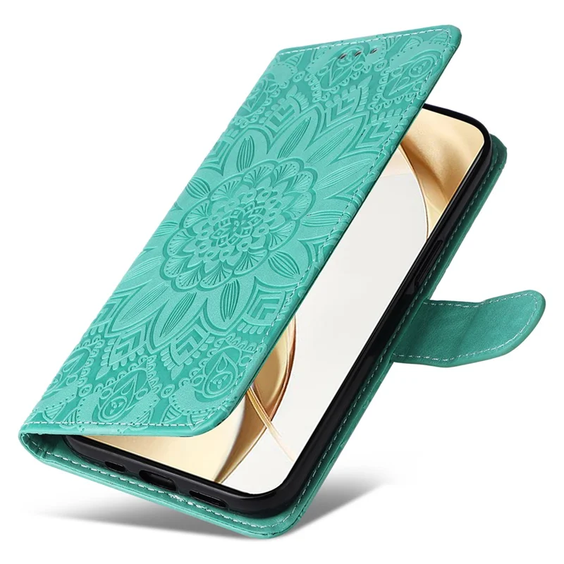 Custodia per Honor 200 5G in pelle PU con motivo a girasole, porta carte e funzione supporto - Verde