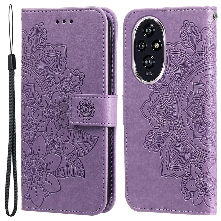 For Honor 200 5G Case PU Leder Blumen Handyhülle mit Handschlaufe - Lila