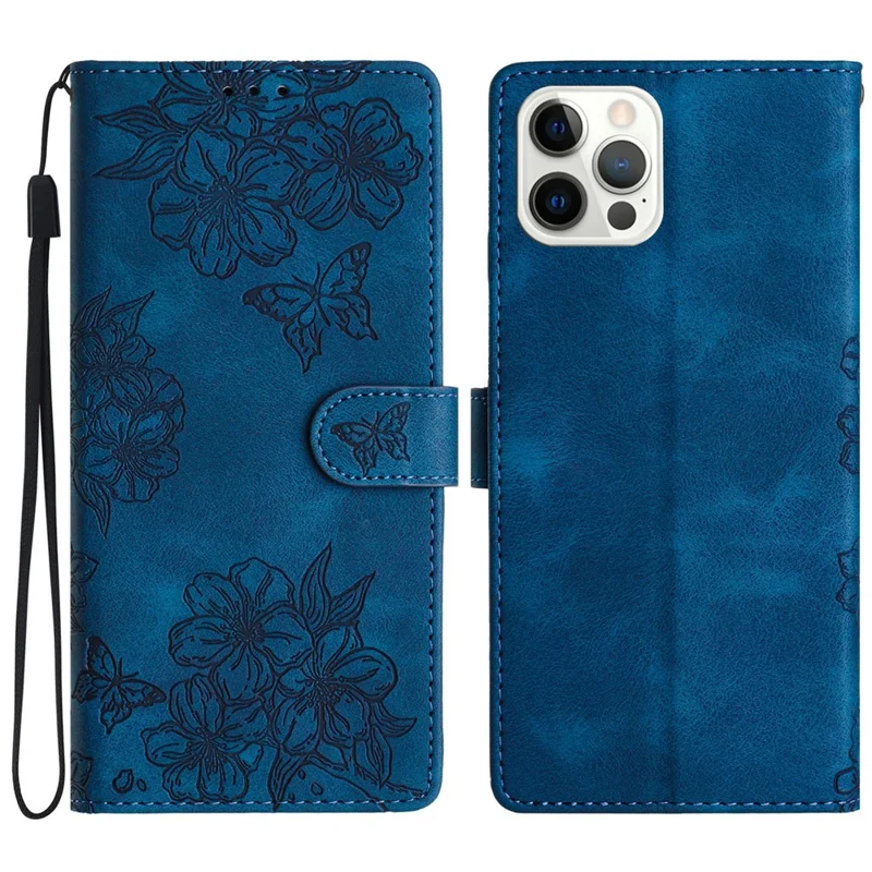 For iPhone 16 Pro Max Case Butterfly Flower PU Leather Flip Protective Phone Cover - Blue
