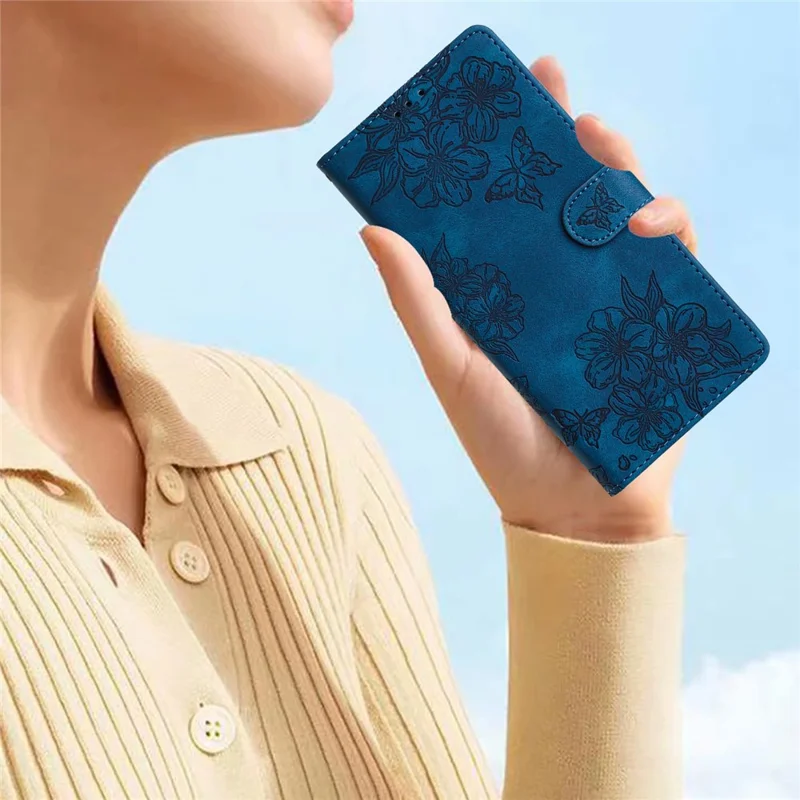 For iPhone 16 Pro Max Case Butterfly Flower PU Leather Flip Protective Phone Cover - Blue