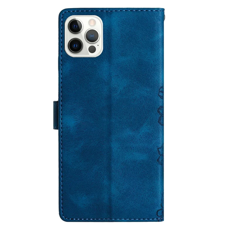For iPhone 16 Pro Max Case Butterfly Flower PU Leather Flip Protective Phone Cover - Blue