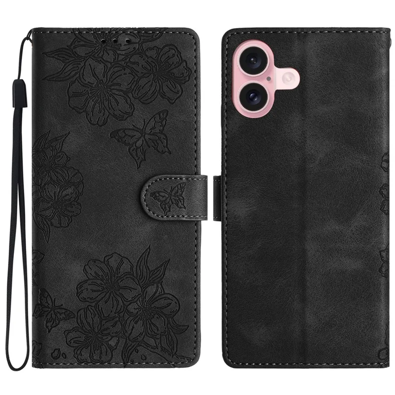 Per iPhone 16 Plus Case Butterfly Flower Imprinted PU Leather Flip Stand Phone Cover - Nero