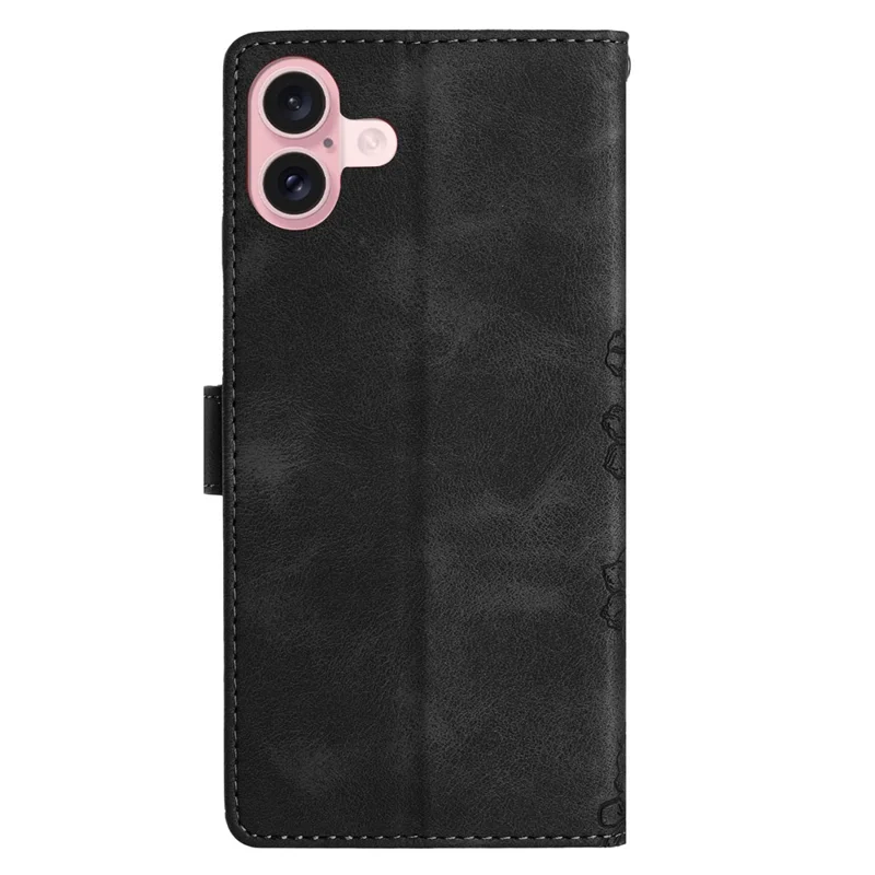 Per iPhone 16 Plus Case Butterfly Flower Imprinted PU Leather Flip Stand Phone Cover - Nero