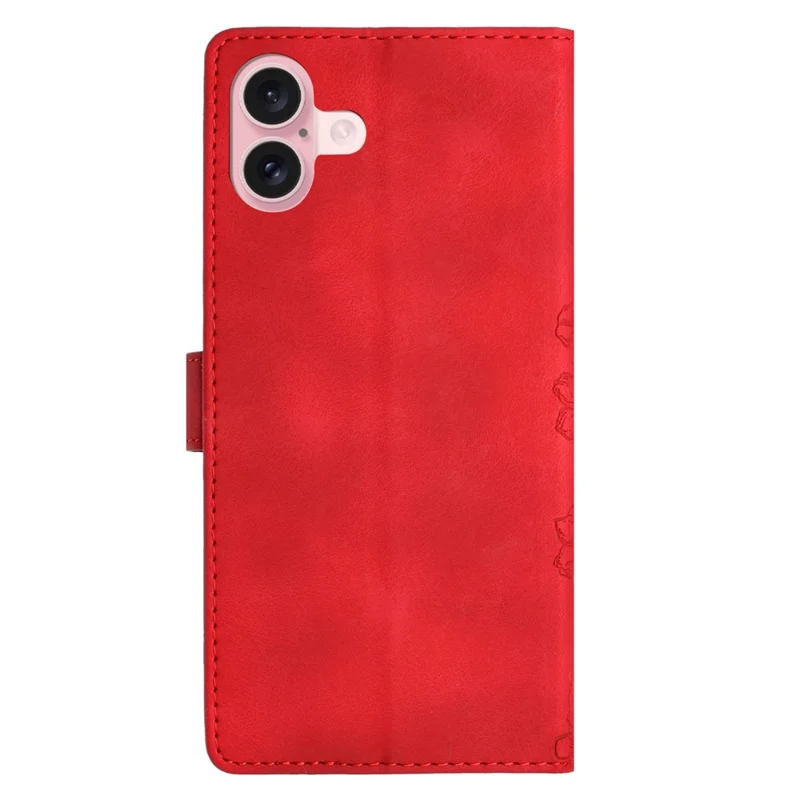 For iPhone 16 Case PU Leather Wrist Strap Card Slots Phone Cover Butterfly Flower - Red
