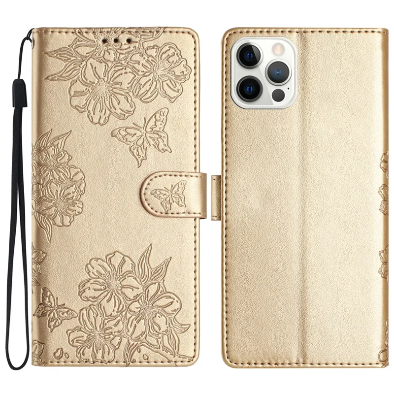 For iPhone 16 Pro Max Case Wallet PU Leather Phone Cover Butterfly Flower Pattern - Gold